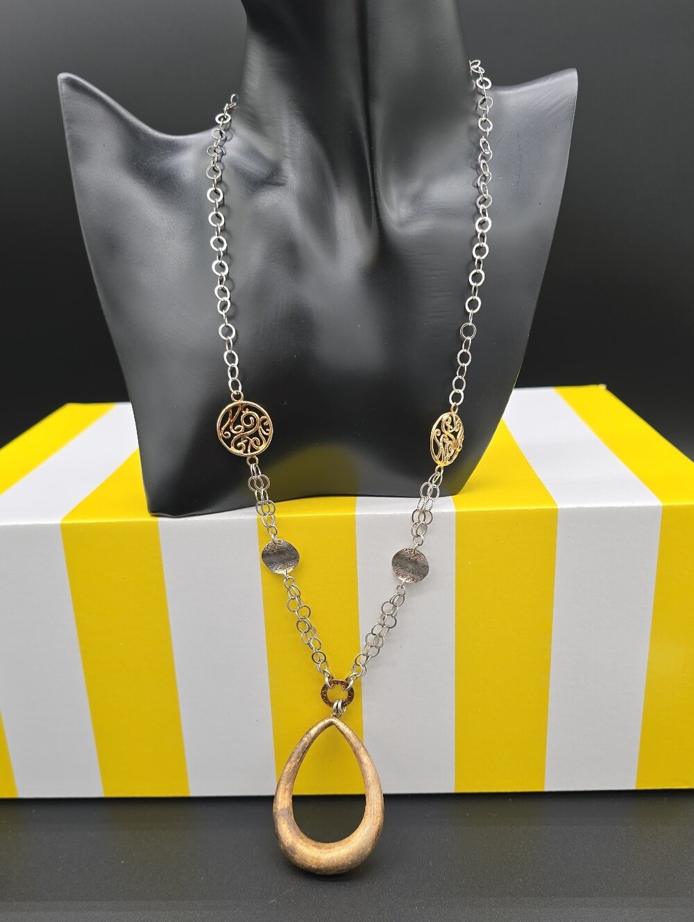 Two-Tone Sterling Silver Teardrop Pendant Long Necklace #0936